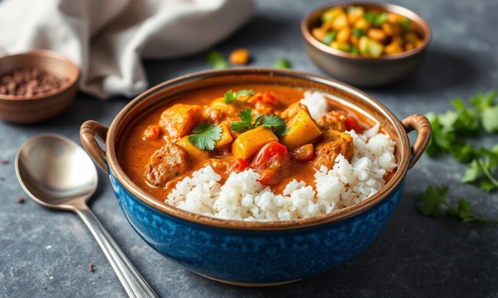 Fiery homemade balti curry with spiced mixed vegetables.