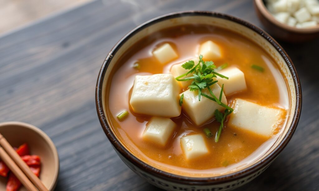 Savoring Sundubu: Steaming Korean soft tofu stew bowl.