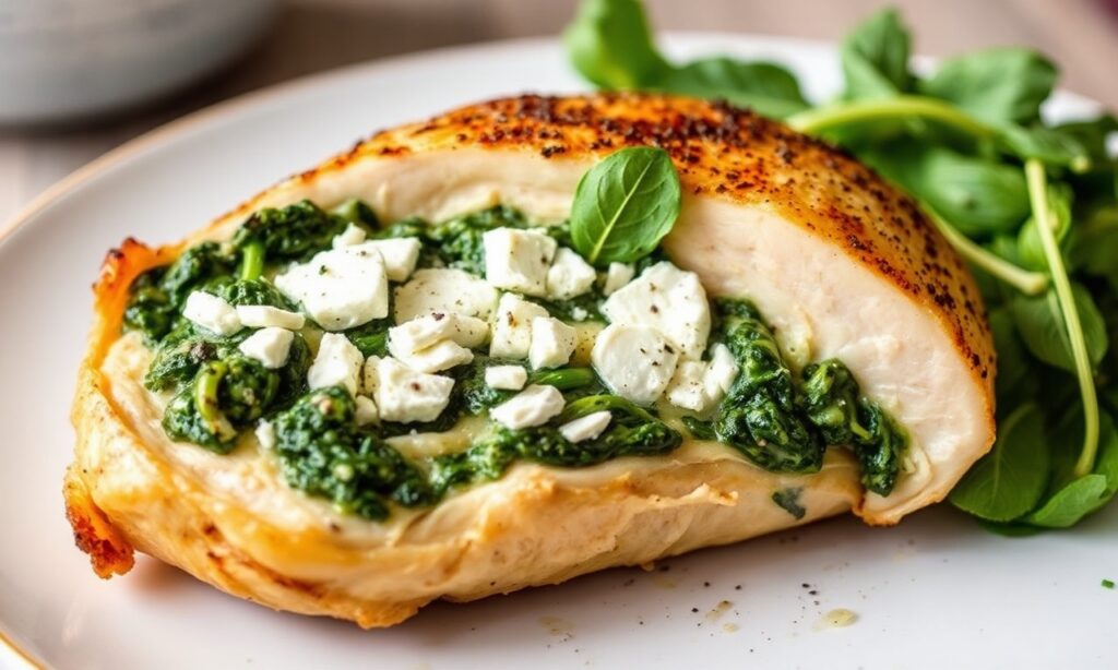 Juicy stuffed chicken breast with melty feta and garlicky spinach.