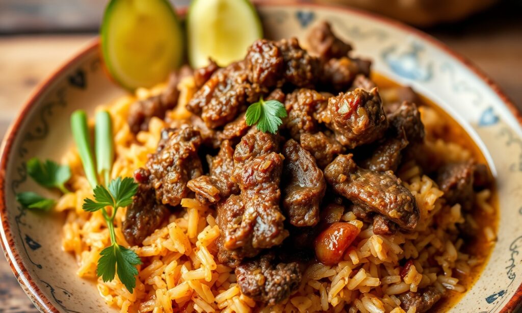 Majadito Magic: Delicious Bolivian beef and rice dish, a culinary delight.
