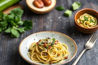 Vibrant dairy-free pesto pasta with fresh zucchini noodles.