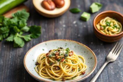 Vibrant dairy-free pesto pasta with fresh zucchini noodles.