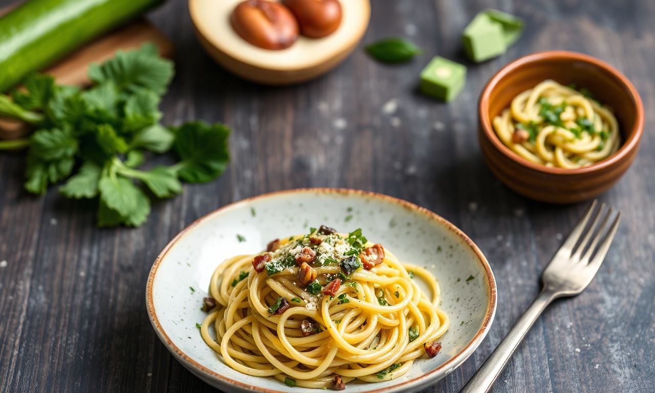 Vibrant dairy-free pesto pasta with fresh zucchini noodles.