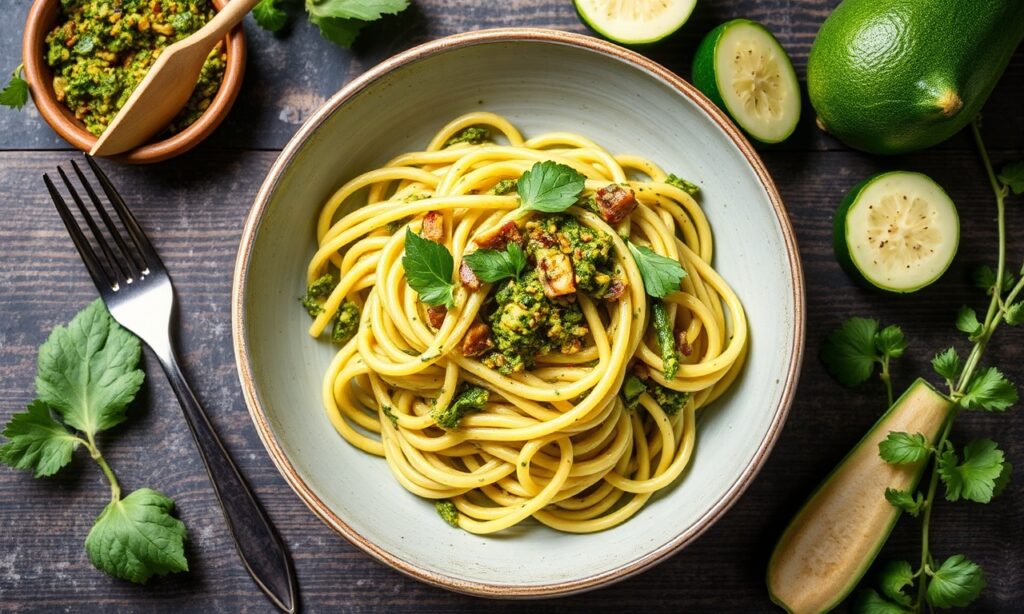 Vibrant dairy-free pesto pasta with fresh zucchini noodles.
