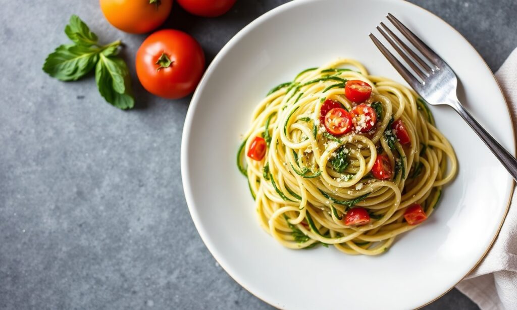 Vibrant dairy-free pesto pasta with fresh zucchini noodles.