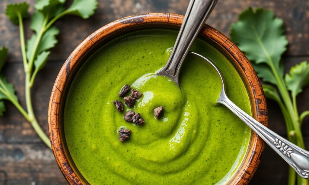 Hearty turnip green soup, a garden delight, one spoonful.