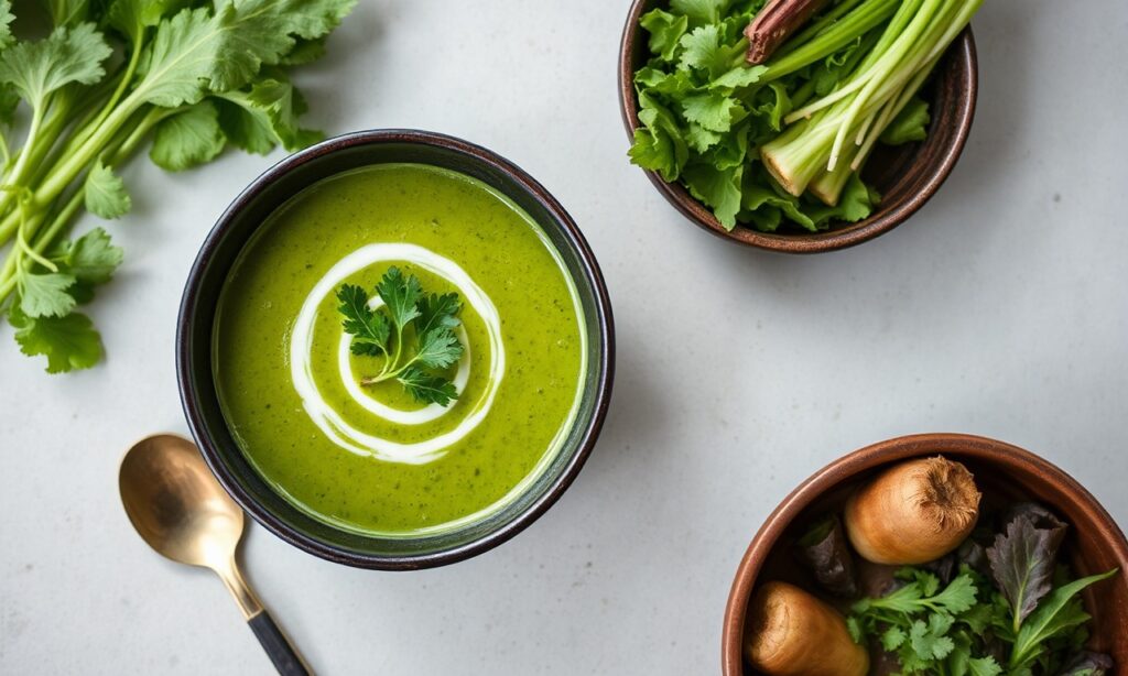 Nutritious turnip green soup from the garden, bursting with flavor.