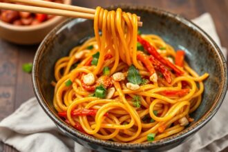 Fiery peanut noodles with crisp, colorful veggies and creamy sauce.