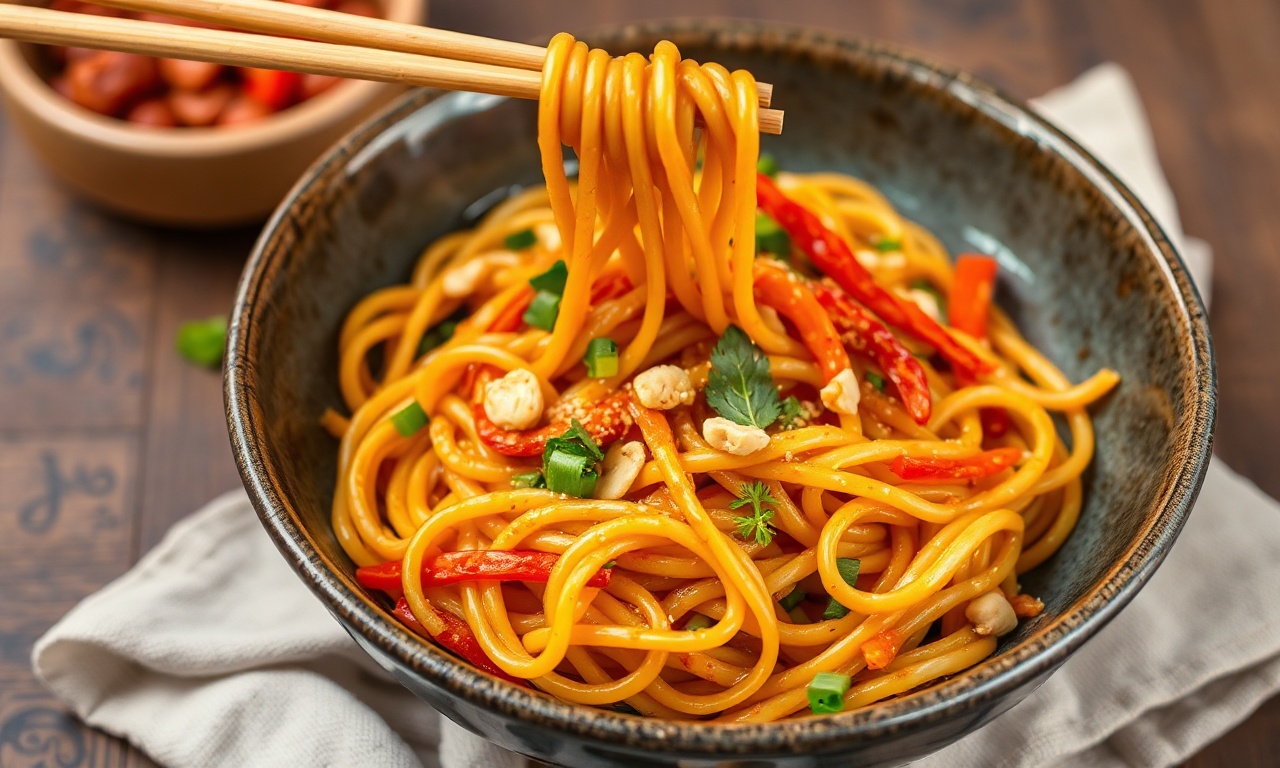 Fiery peanut noodles with crisp, colorful veggies and creamy sauce.
