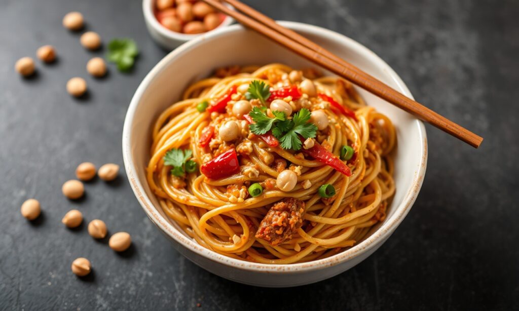 Fiery peanut noodles with crisp, colorful veggies and creamy sauce.