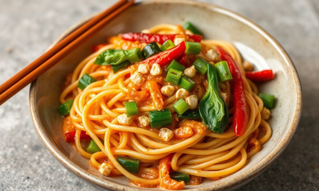 Fiery peanut noodles with crisp veggies and creamy sauce.