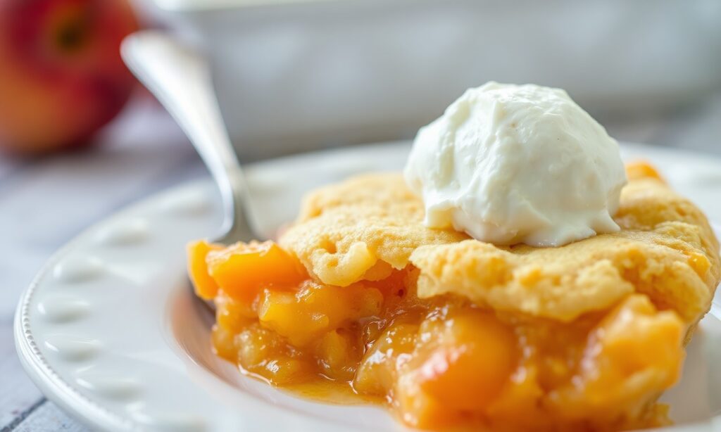 Warm, bubbling peach cobbler slice, Southern tradition.