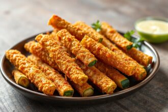 Crispy fried zucchini sticks, a delicious and crunchy snack.
