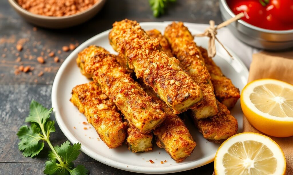 Crispy fried zucchini sticks, a perfect crunchy snack.