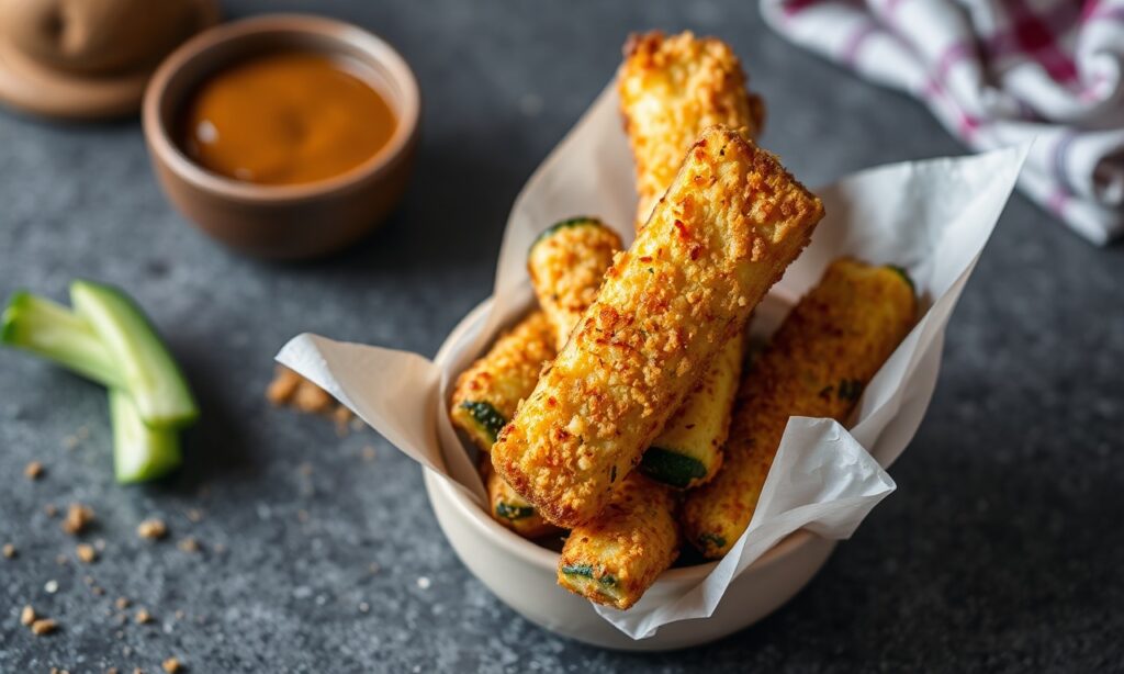 Crispy fried zucchini sticks, a satisfying crunchy snack.