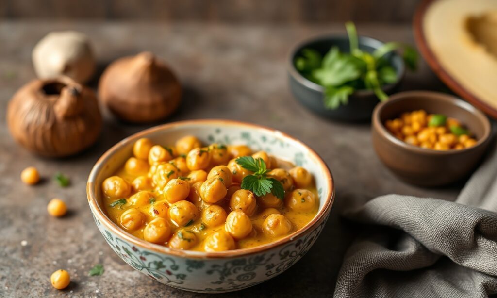Creamy coconut curry chickpeas, a simple and bold comfort food.