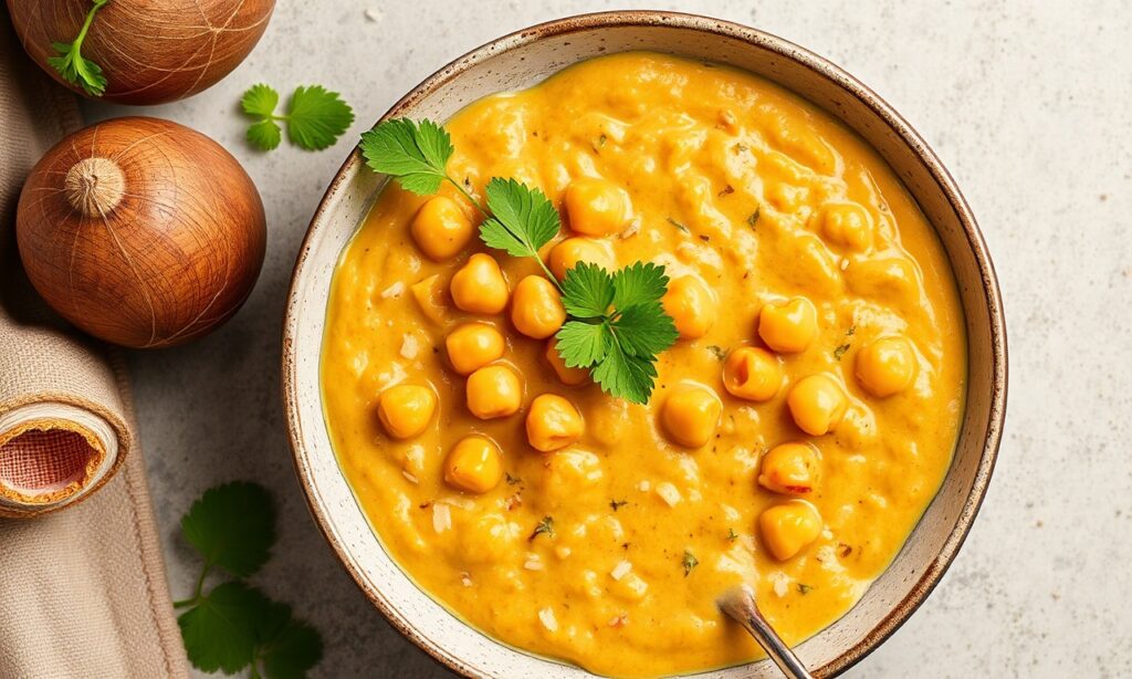Creamy coconut curry chickpeas: a vibrant, comforting plant-based meal.
