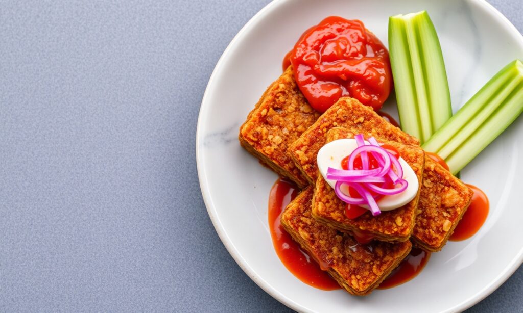 Crispy tempeh with vibrant Sambal Matah, Balinese culinary delight.