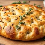 Aromatic rosemary focaccia, baked golden brown, fragrant herbs.