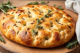 Aromatic rosemary focaccia, baked golden brown, fragrant herbs.