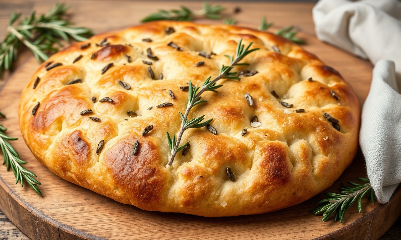 Aromatic rosemary focaccia, baked golden brown, fragrant herbs.