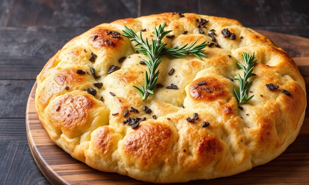 Aromatic Rosemary Focaccia: golden crust, warm, traditional flavor.