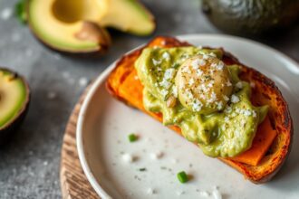 Indulgent sweet potato toast with creamy avocado and flaky salt.
