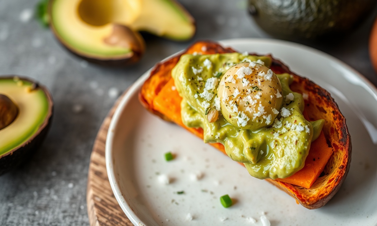 Indulgent sweet potato toast with creamy avocado and flaky salt.