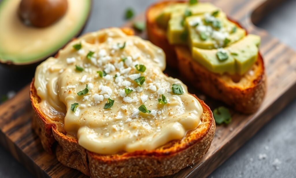 Indulgent sweet potato toast with creamy avocado and flaky salt.