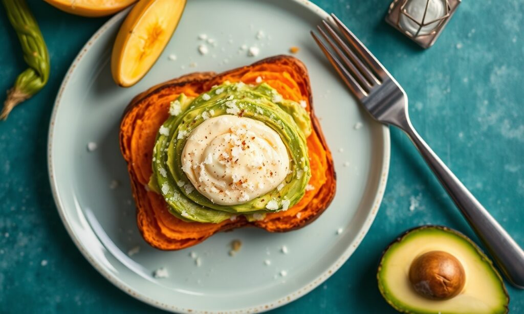 Indulgent sweet potato toast with creamy avocado and flaky salt.