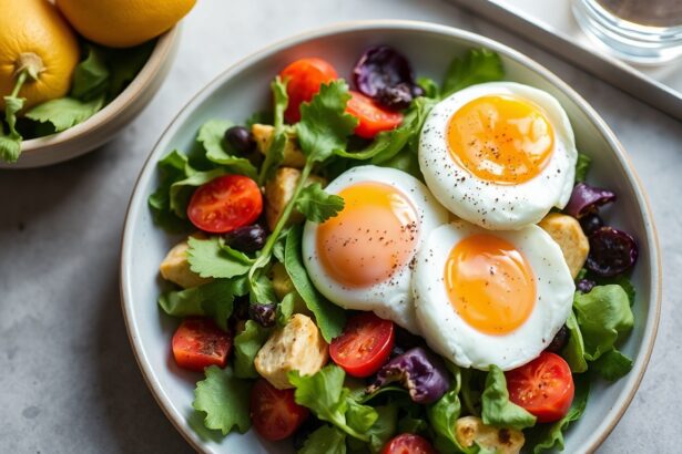 Perfect poached egg breakfast salad: creamy, crisp morning ritual.