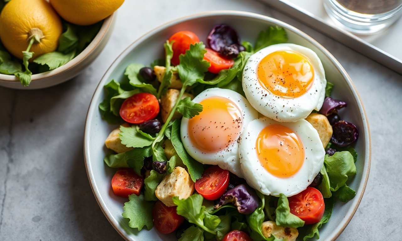 Perfect poached egg breakfast salad: creamy, crisp morning ritual.