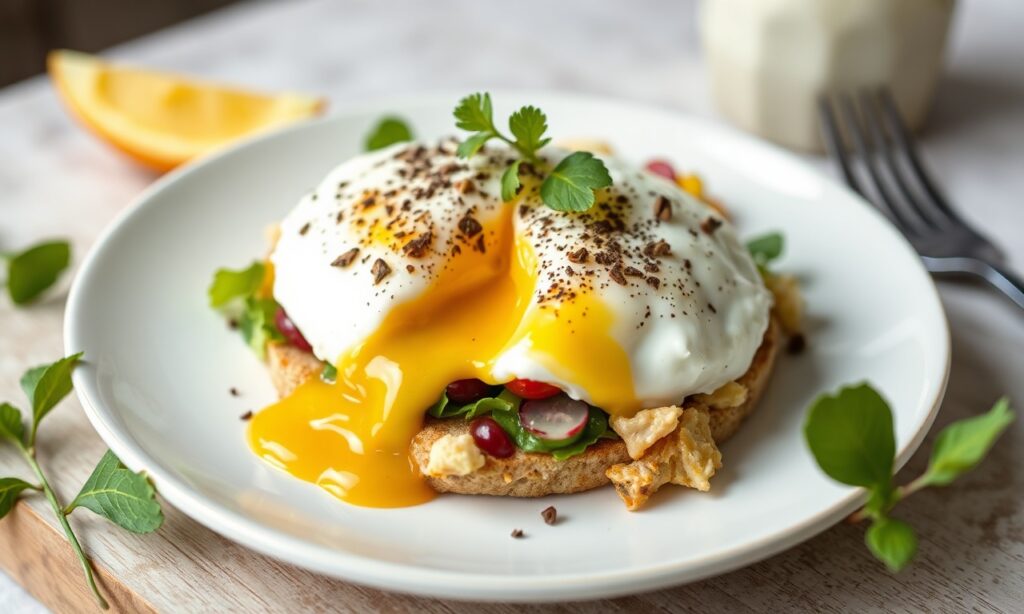 Perfect poached egg breakfast salad: creamy, crisp, balanced morning ritual.