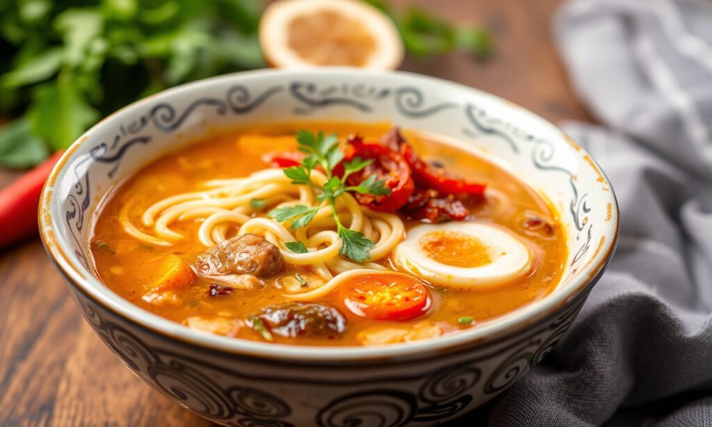 Hearty veggie ramen, a vibrant and colorful bowl of comfort soup.