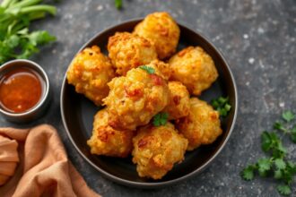 Crispy potato pakoras, golden fried savory snack delight.
