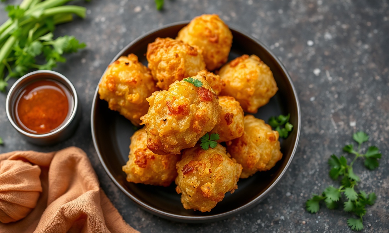 Crispy potato pakoras, golden fried savory snack delight.