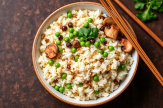 Savory Teriyaki rice pilaf with mushrooms and peas, a delicious dish.