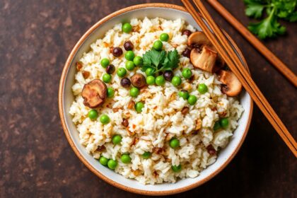 Savory Teriyaki rice pilaf with mushrooms and peas, a delicious dish.