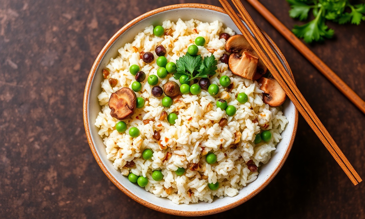 Savory Teriyaki rice pilaf with mushrooms and peas, a delicious dish.
