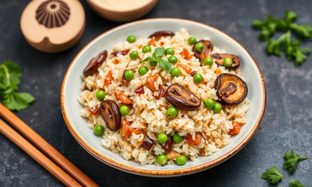 Savory Teriyaki rice pilaf with mushrooms and peas.