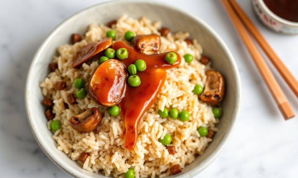 Savory Teriyaki rice pilaf with mushrooms and peas, a comforting dish.