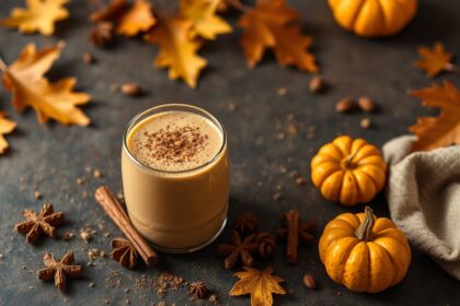 Perfect pumpkin spice smoothie, cozy season drink.