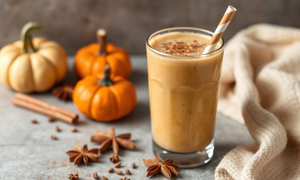 Perfect pumpkin spice smoothie, cozy seasonal drink, spiced flavor blend.