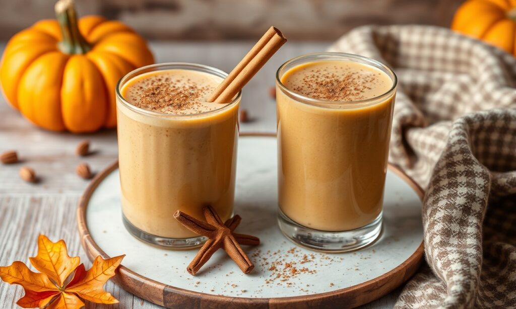 Perfect Pumpkin spice smoothie: cozy autumn drink with fall leaves.