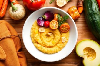 Roasted veggies atop savory breakfast polenta, a perfect pairing.