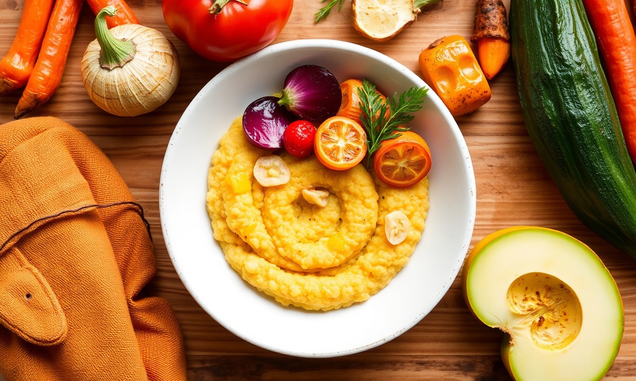 Roasted veggies atop savory breakfast polenta, a perfect pairing.