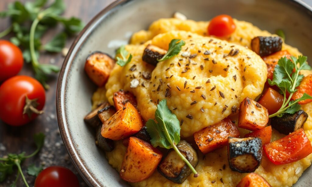 Roasted veggies top savory breakfast polenta for a delicious morning meal.