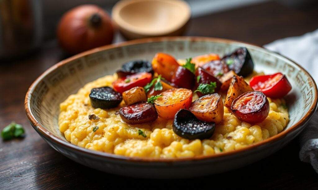 Savory breakfast polenta with colorful roasted veggies.