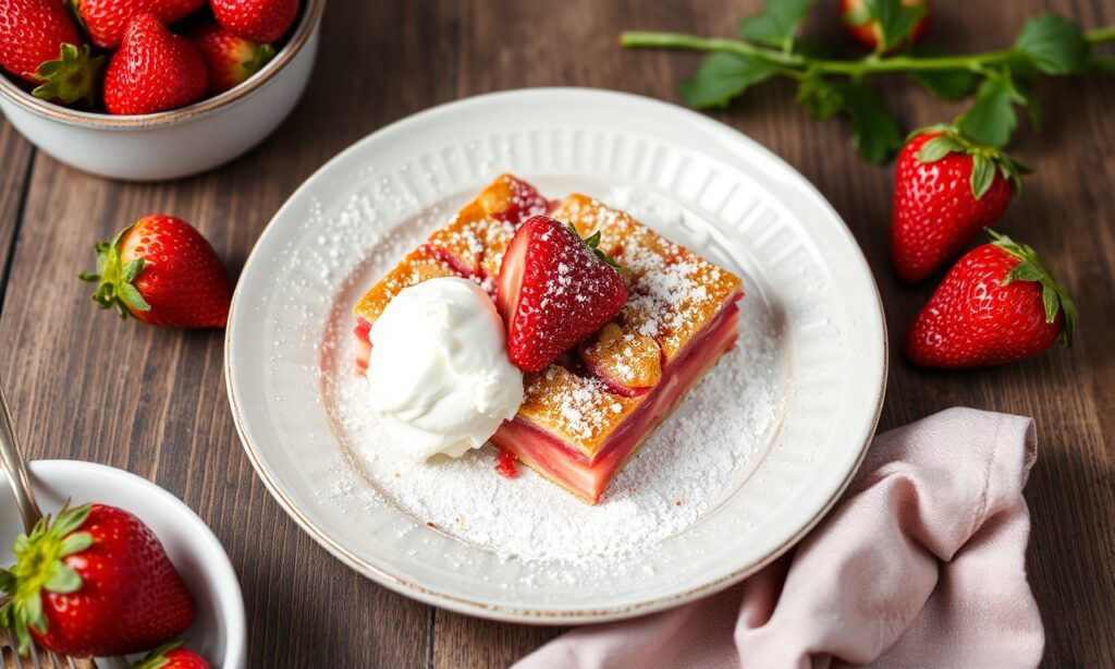 Rhubarb strawberry crisp with ruby rhubarb and sweet strawberries.