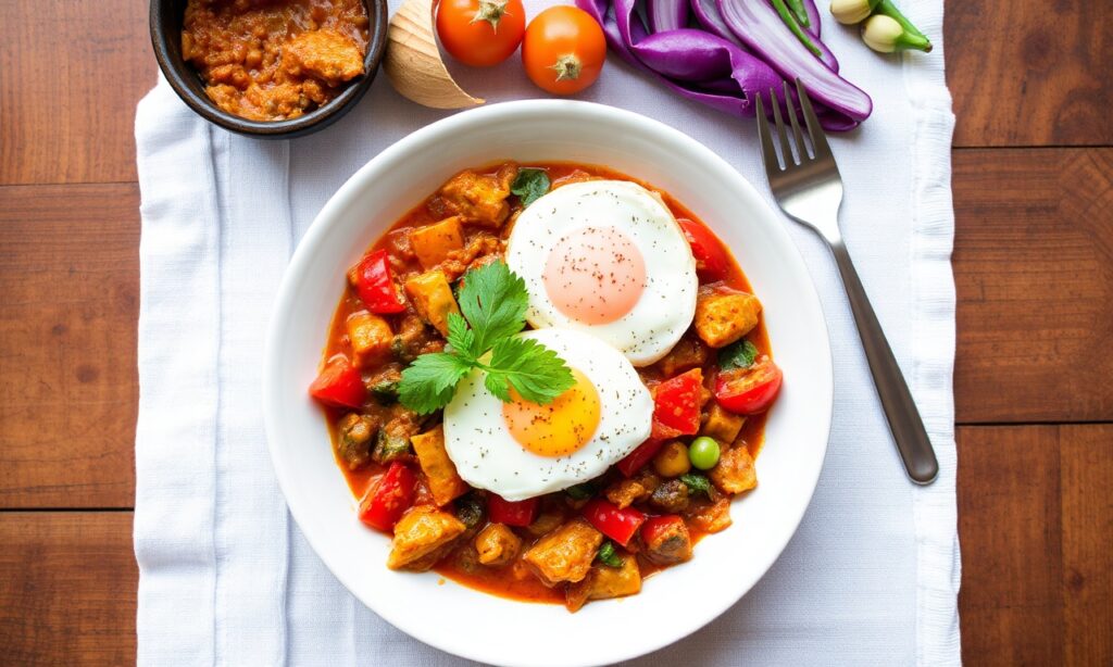 North African vegan shakshuka: vibrant, authentic flavors.